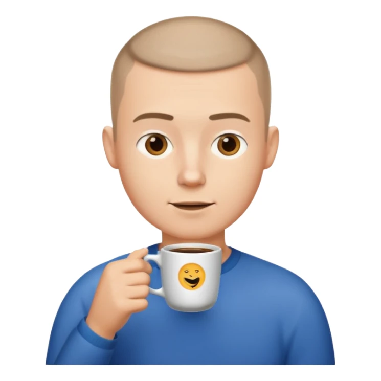 a white short guy with a buzz cut drinking a cup of coffee sticker