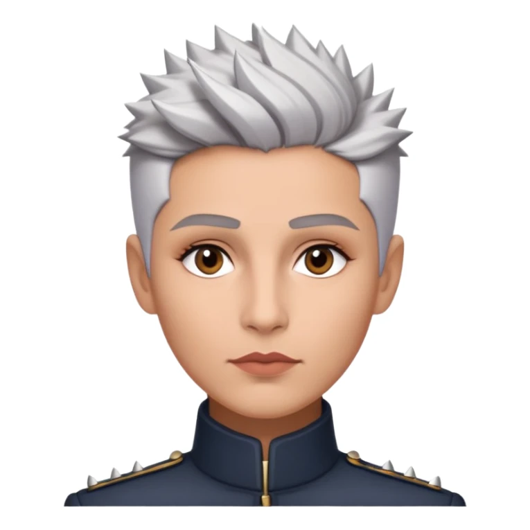 Marian Pabón with elegant facial features, light rosy complexion, expressive made-up eyes, medium well-defined lips, sophisticated pronounced cheekbones, short spiky silver hair styled like a men's cut sticker