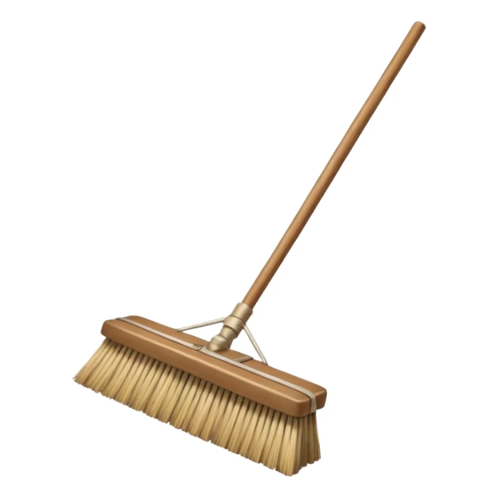 traditional broom with wooden handle on a dusty carpet, straw bristles sweeping visible dust clouds, old-fashioned cleaning tool, vintage household style, 3D cartoon, mobile game icon style, centered composition, no people, no animals, no text, no watermark sticker