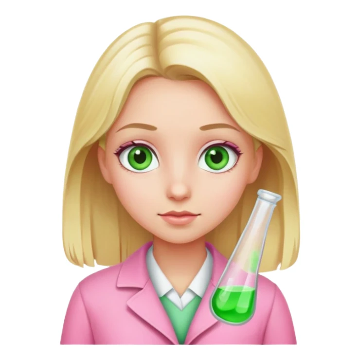 blonde girl with green-grey eyes, dressed in pink clothes, chemist sticker