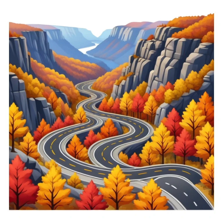 A winding asphalt road through the blue mountains and autumn colored trees sticker