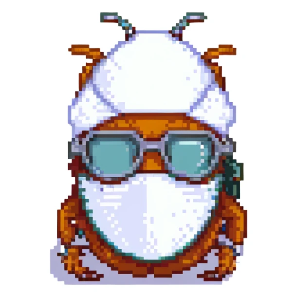 pixel art cockroach with a white turban, facemask, and nerd glasses sticker