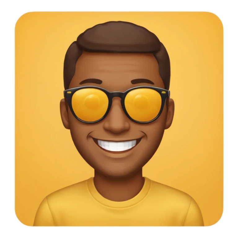 brown-skinned man with sunglasses, yellow background, classic emoji style, big grin sticker