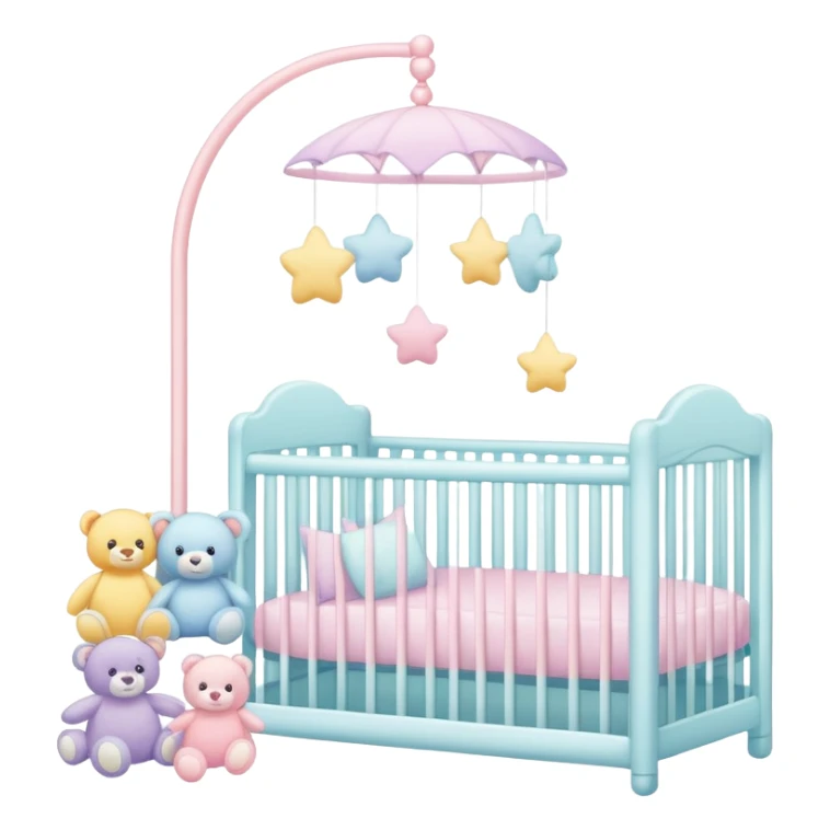 pastel baby nursery items including crib, mobile, and plush toys sticker