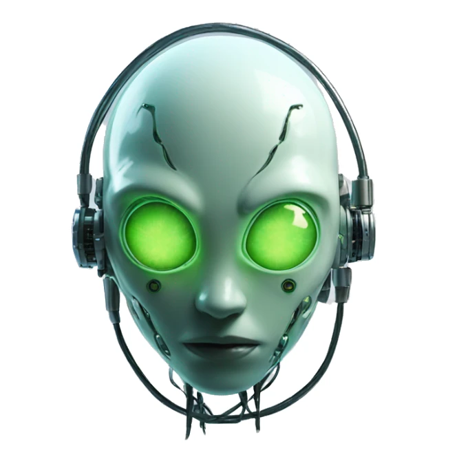 Round Alien cyborg head with glowing wires and green eyes  sticker
