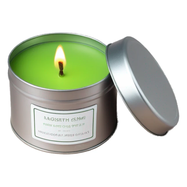 matcha scented candle in a silver tin with a small white label realistic sticker