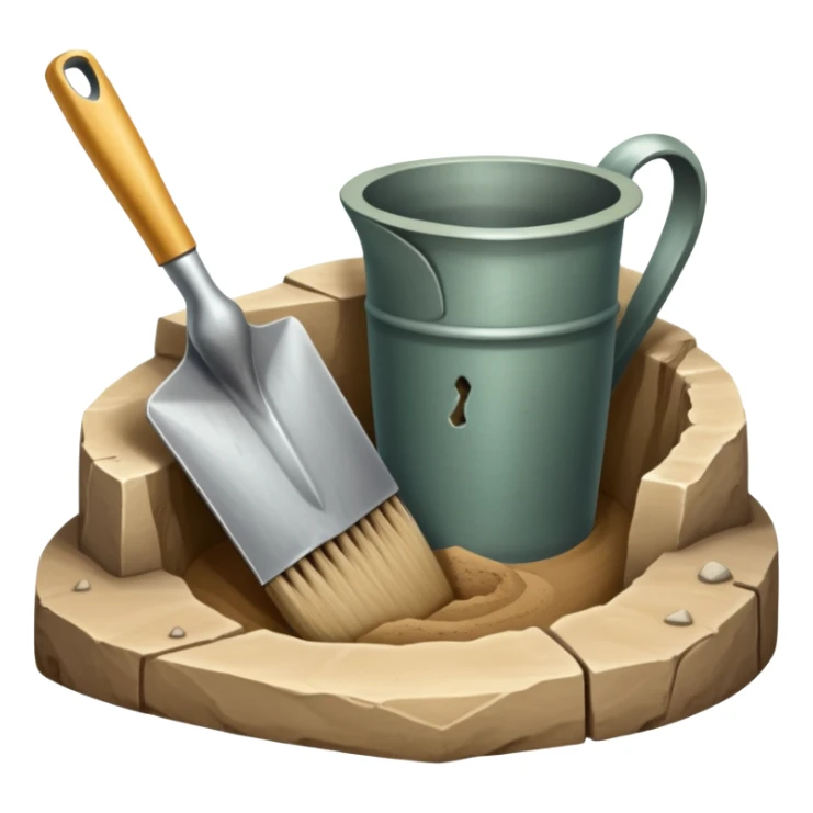 An icon showing an archaeologist’s tools: a trowel, brush, and a partially uncovered ancient artifact like a vase or tablet. The design includes a sandy excavation site with ruins in the background, symbolizing the discovery of past civilizations. Transparent background  sticker