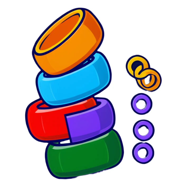 Children's stacking rings toy with red, orange, yellow, green, light blue, dark blue, and purple rings on a post in rainbow order sticker