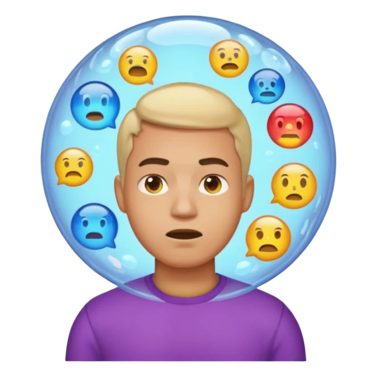 Realistic emoji-style man trapped inside a glowing filter bubble. The bubble contains identical social media icons and repeating content symbols. Outside the bubble are colorful diverse icons he cannot see. The man looks comfortable but unaware, expressing narrow perspective. sticker