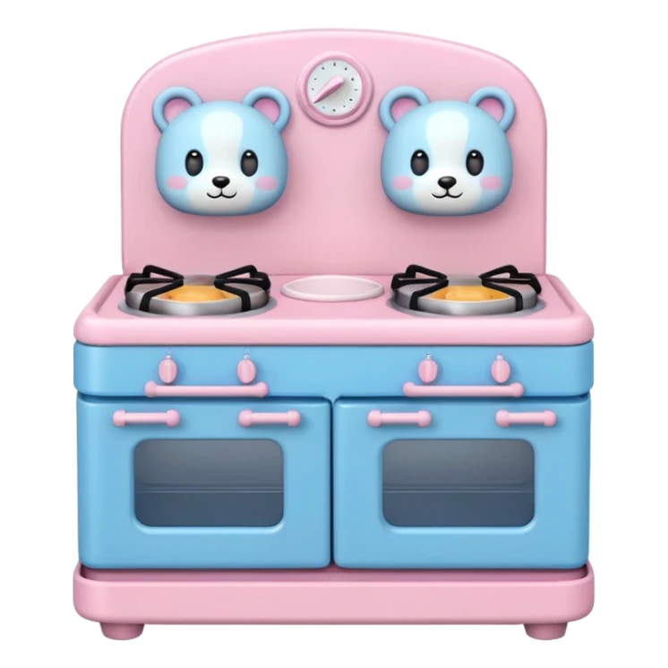 Cute toy kitchen stove, BabyBus 2.5D style, front view. Pastel colors, soft shading, even studio light.
No outlines, no realism, no harsh shadows. sticker