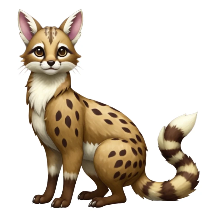 Colorful dark realistic chocolate-brown tropical beige fur glorious divine exotic cute cool beautiful shiny beautiful fantasy-Furret-Eevee-caracal-civet-genet-sergal-vernid-Cacomistle-oncilla-animal-Fakémon-hybrid-fursona with white deer-spots pattern markings (full body) sticker
