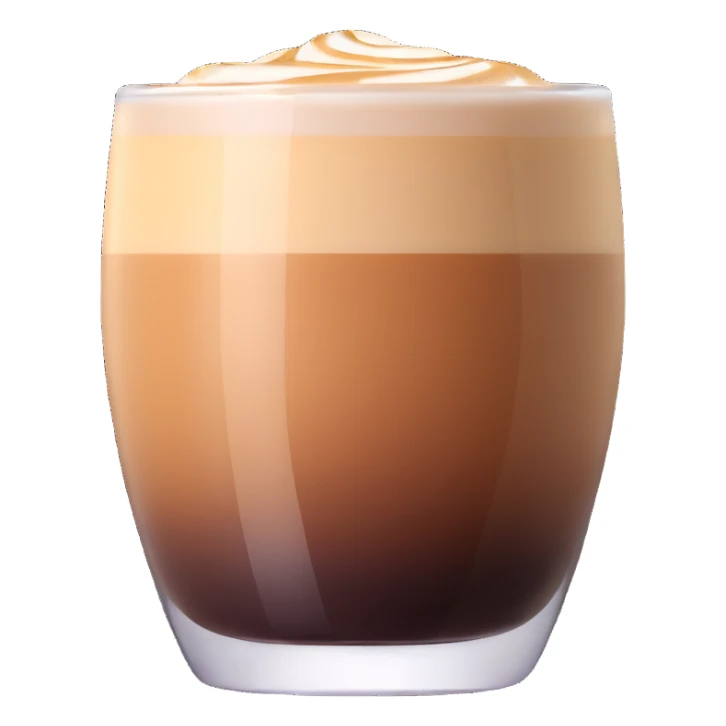 Small 4.5 ounce Gibraltar glass with cortado espresso drink, smooth gradient from light brown on top to darker at bottom, no white froth, just smooth milk and espresso integration sticker