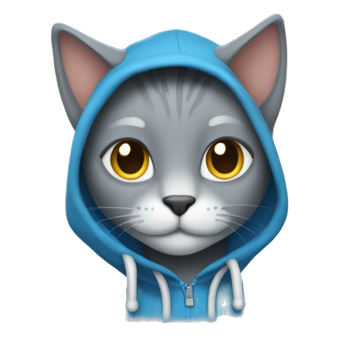 grey cat in blue hoodie smiles sticker