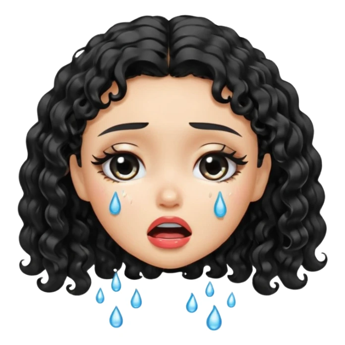 a pretty fair bratz girl with black curly hair, crying sticker