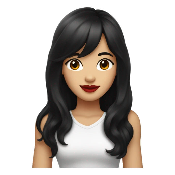pretty girl with long black hair reaching below the armpits with bangs. red lips, brown eyes, fair skin sticker