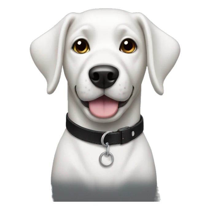 Black and white dog wearing a black collar sticker