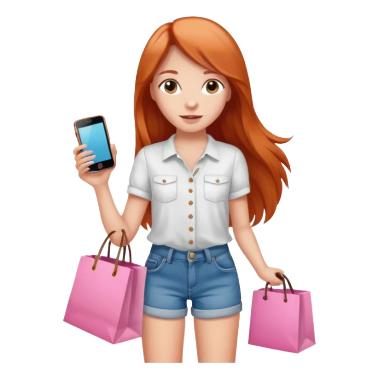 Chica con cabello cobrizo largo short de jeans blusa blanca y bolsas de compras rosas y celular sticker