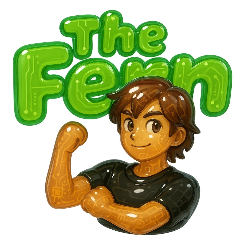 Brunette anime man leaning to the side with arms crossed, standing in front of green bubble letters that say 'The Fern'. He wears a black t-shirt, no jacket, medium-length brown hair, and has an expressive anime face. Keep the rounded, glossy, energetic vibe in glossy circuit style. sticker