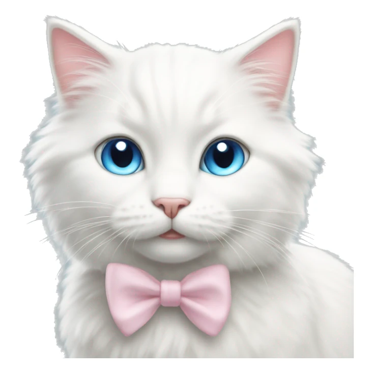 A happy cute fluffy white cat with blue eyes and a light pink bow  sticker