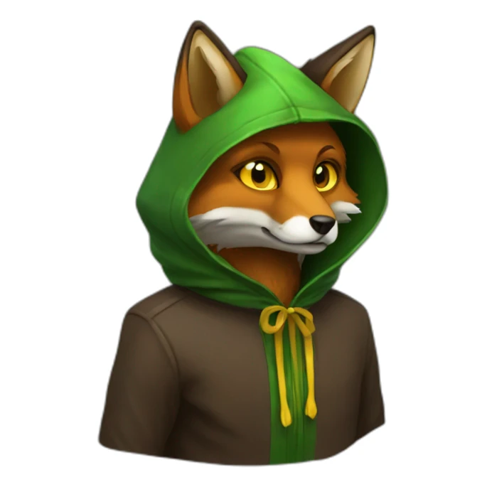 brown fox with yellow eyes and a green dark hood that sadly sticker