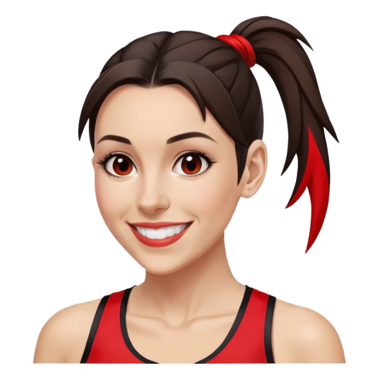 Melanie chisholm with a dark brown high ponytail with a red streak through it, wearing athletic attire and smiling sticker