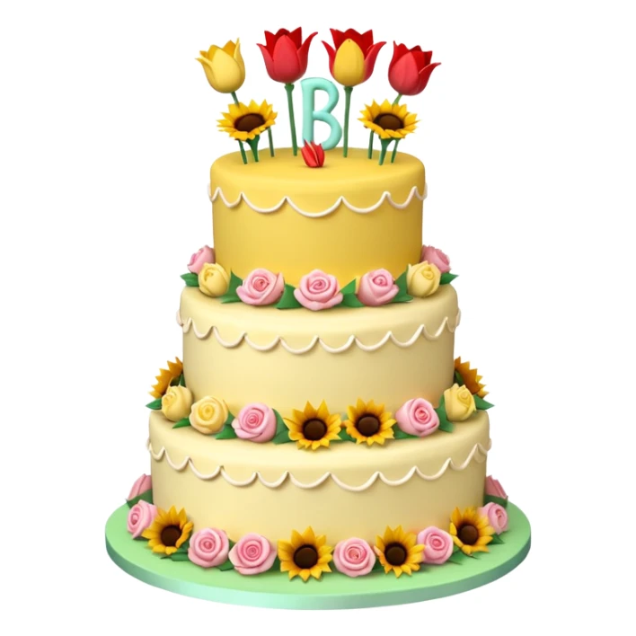 A large three teir cake with top layer decorated with roses, middle with Sunflowers and bottom layerwith Tulips and Happy Birthday Dear written on top. sticker