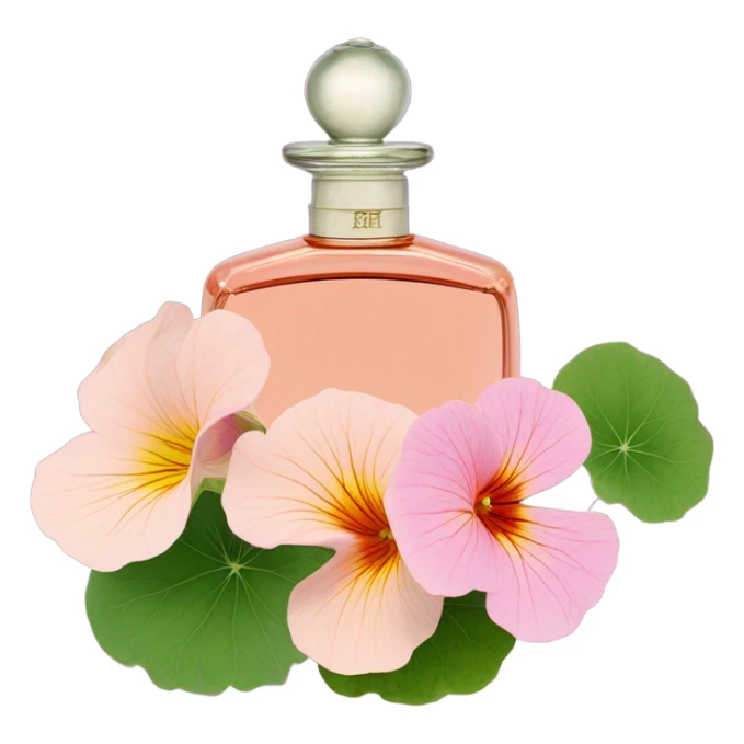 Aesthetic display of blush pink nasturtiums, an elegant violet perfume bottle, and a vintage love letter written in flowing script. sticker