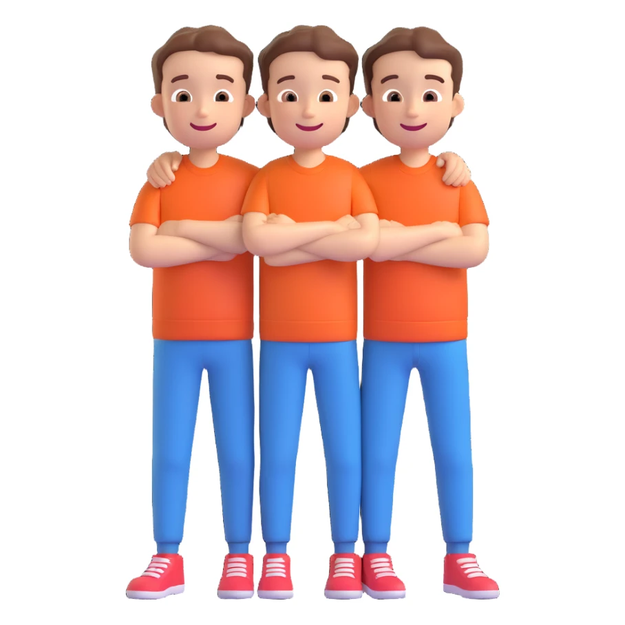Two cartoon-style boys with similar features, arms around each other's shoulders, smiling, matching outfits, standing close, white background, emoji style sticker
