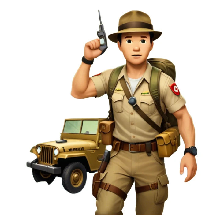 A vintage movie poster-style collage. Include action-packed elements like a treasure map, jungle scenes, a rugged explorer with a compass and a speeding jeep. Add a shadowy figure resembling close-up Mark Wahlberg in adventurous gear. Dramatic lighting, dynamic composition. Transparent background. sticker