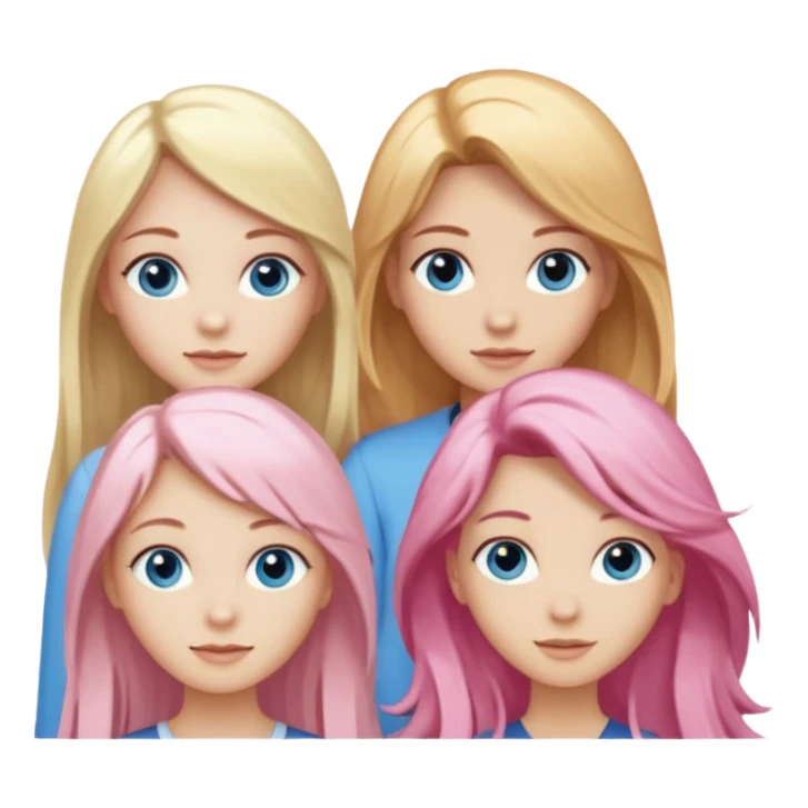 Girlfriend emoji - include 1 white girl with long light pink hair and blue eyes, 1 white girl with brown eyes and medium honey blonde hair, 1 white girl with blue eyes and light blonde hair, and 2 white girls with brown eyes and long dark brown hair sticker
