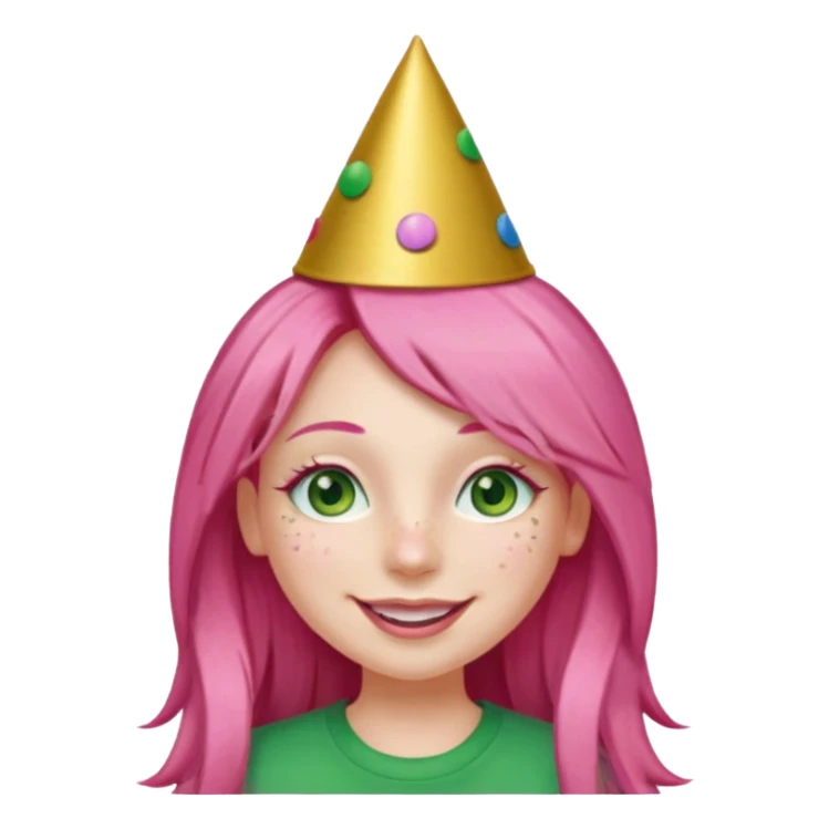 Create a girl with long pink hair and green eyes with long eyelashes and a smiley face. She has freckles in her face and a lit of bit of pink lipstick on her mouth, she’s also got gold birthday party hat on her head with gold pom poms on top of it, and her T-shirt is all red sticker