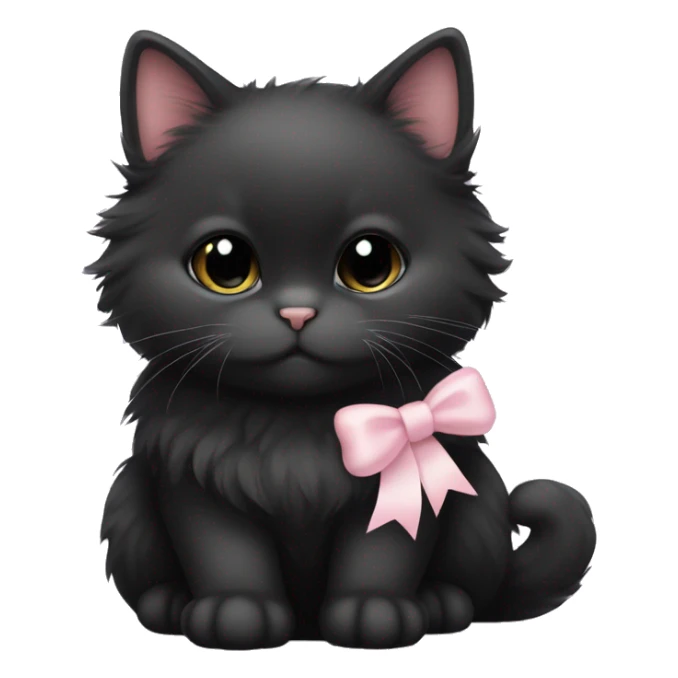 fluffy fat black kitten with pale pink bow sticker