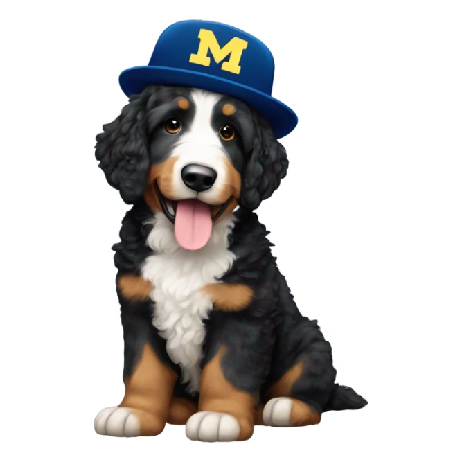 Bernedoodle wearing a Michigan hat sticker