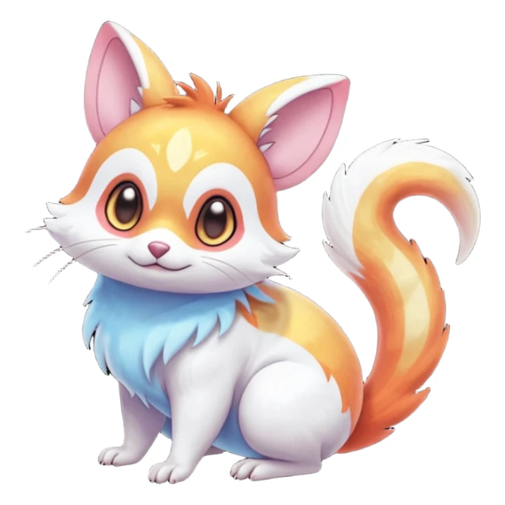  Shiny iridescent light warmly colored reddish-orange-gold-gradients neon vibrant bioluminescent colorful pastel flourishing flurry fuzzy Absol-Minccino-Furret-Zangoose-Chinchilla-Stitch-fusion-animal-Fakémon-hybrid-creature  sticker