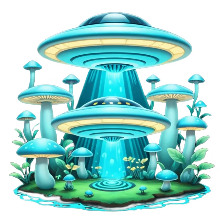 extraterrestrial futuristic otherworldly cyan bioluminescent neon-glowing aesthetic scenery flying saucers UFOs mushroom floating flying hovering object sticker