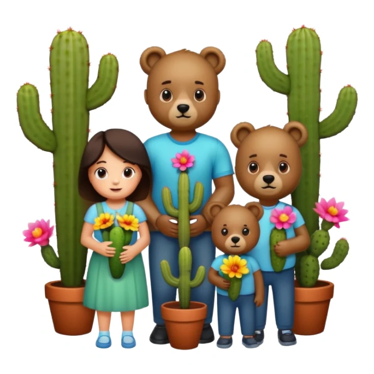 4 bears, mom & dad, boy and girl, with flowers and a cactus  sticker