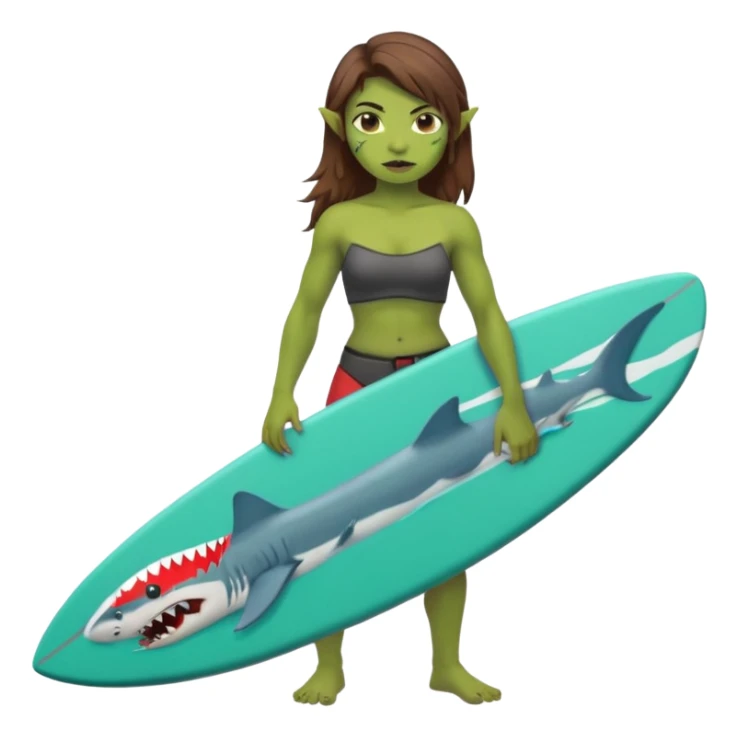 orc female holds a little surfboard with a shark painted vertically in his hands sticker