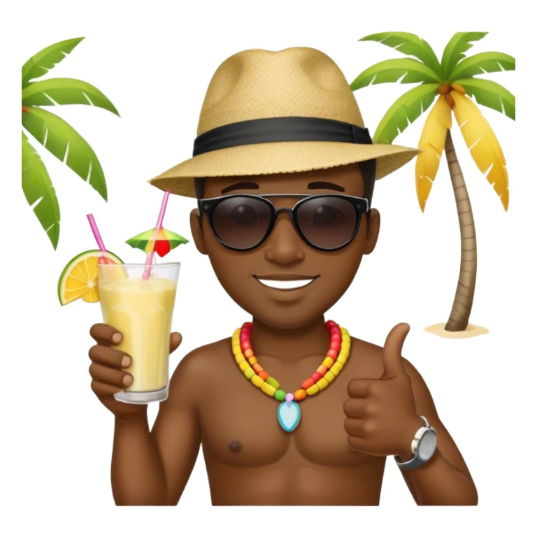 West Indian black male on beach sipping Colada with a thumbs-up sticker
