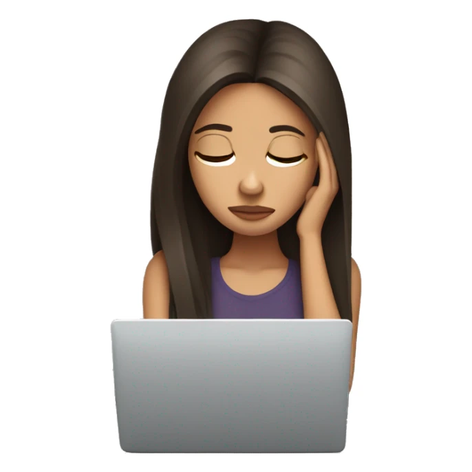 Sad straight hair brunette at a laptop with headache sticker
