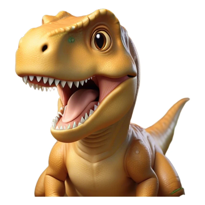 Cinematic Cute T-rex Portrait Emoji, Head tilted playfully with a big, endearing smile, featuring a compact, fierce yet friendly form with a massive head, tiny arms, and sparkling, mischievous eyes, Simplified yet irresistibly adorable features, highly detailed, glowing with a warm, inviting prehistoric glow, high shine, affectionate and lively, stylized with a touch of whimsical dinosaur charm, soft glowing outline, capturing the essence of a mischievous yet lovable T-rex that seems as if it could stomp out of the screen into your heart! sticker
