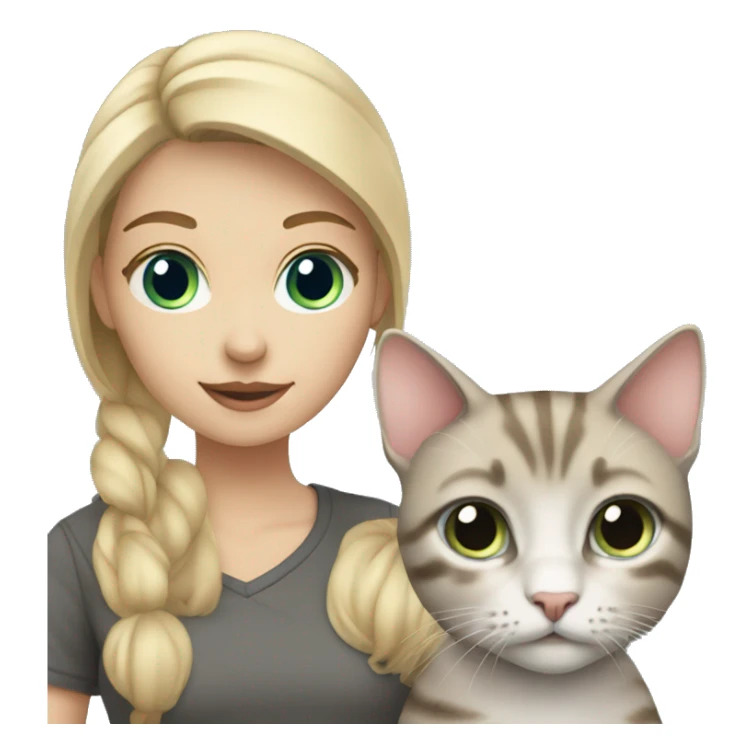 Blonde girl with blue eyes holding a gray tabby cat sticker