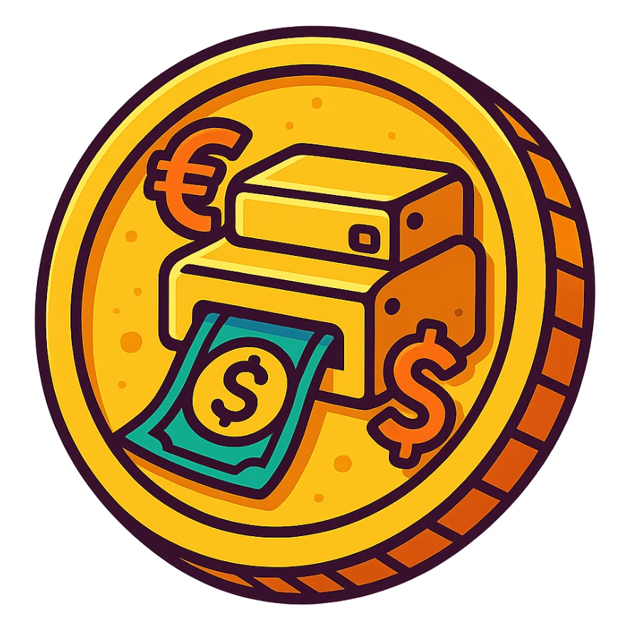 coin shaped like a money printer, metallic gold, with currency symbols, vibrant toon style sticker