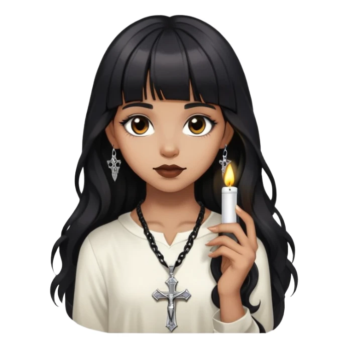 Brown girl with a lighter skin tone, long wavy hair, straight bangs, extremely black hair, more gothic appearance but not too gothic, silver-toned crucifix pendant  sticker