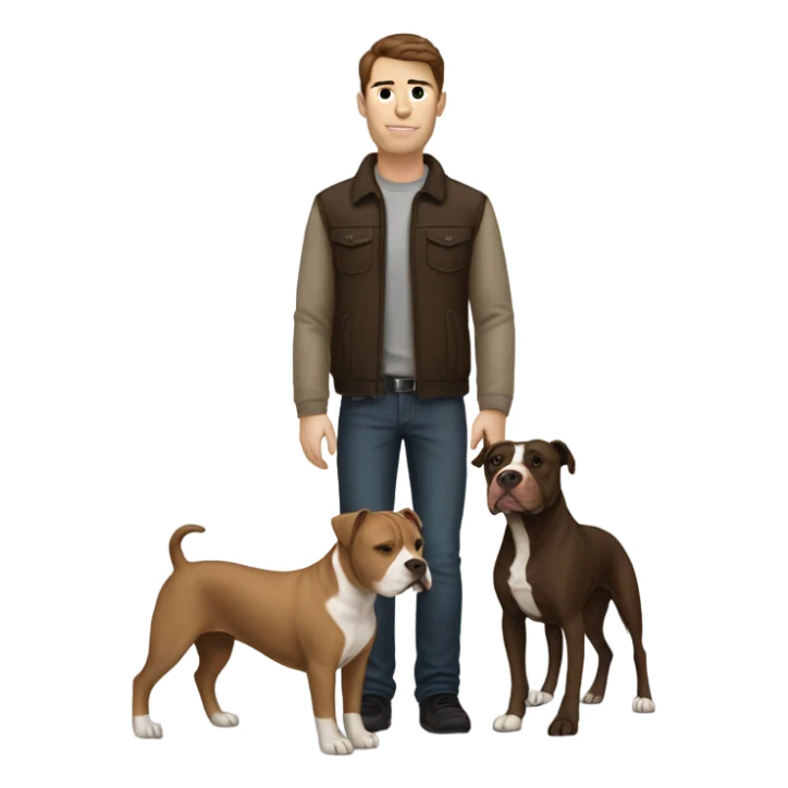 white male with dark brown hair and 5 o'clock shadow standing alongside a white and brown pitbull sticker