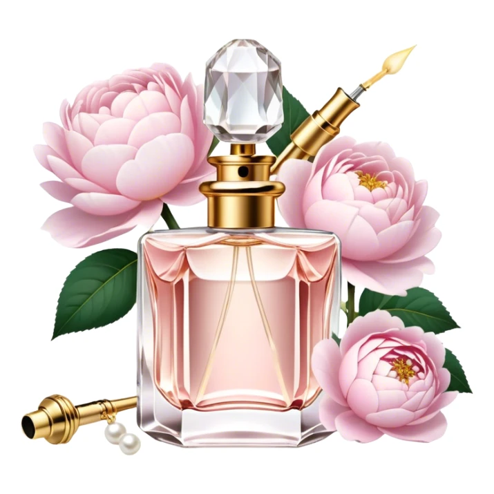 A delicate glass perfume bottle with a golden atomizer, surrounded by soft pink roses, white peonies, and dahlias, as pearl butterflies reflect beautifully in the crystal surface.
 sticker