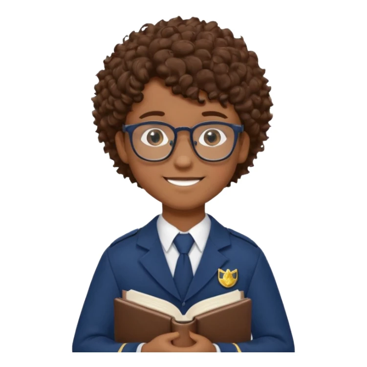 Boy student wearing uniform, glasses, hold book in front of their chest, brown curly hair, dark skin sticker