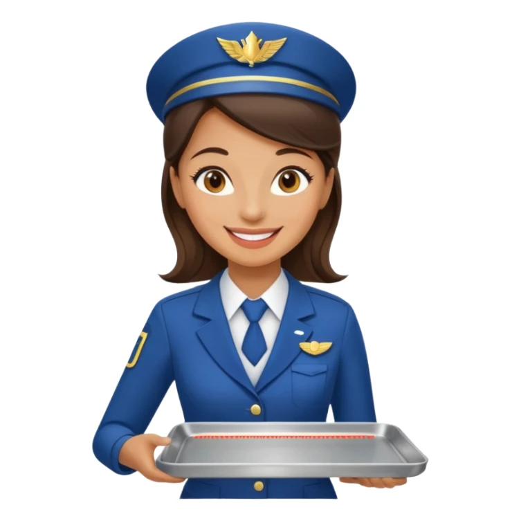 A female professional flight attendant holding a service tray, sticker