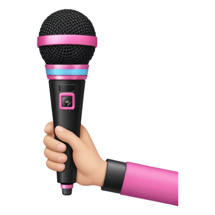 hand holding black stage microphone with pink strip on bottom sticker
