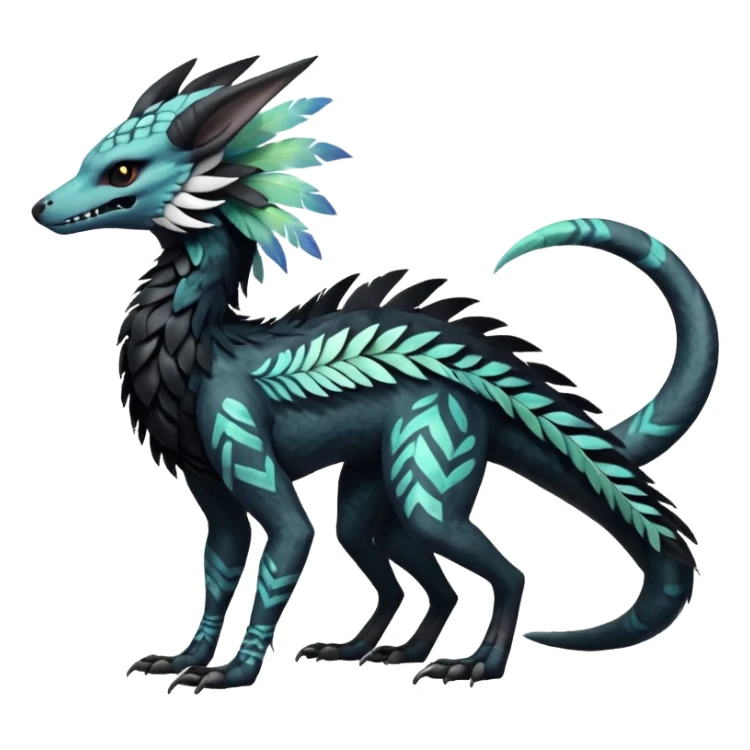 Rare realistic tribal patterned whitish pastel colorful iridescent shiny glossy feathery epic handsome gorgeous aesthetic black-skulled Vernid-Trico-Sergal-Salandit-Nargacuga-species-Fakemon-creature by LiLaiRa, 4 legs, 1 tail, random markings, (full body) long ears sticker