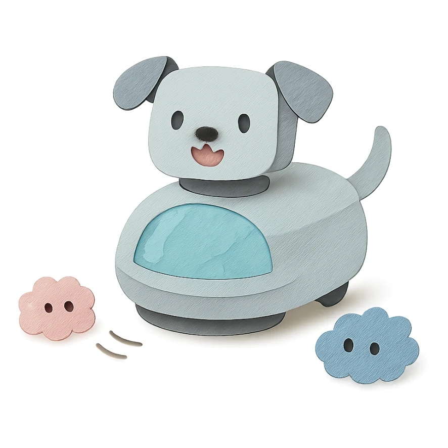 soft grey pastel robot puppy vacuum spinning and chasing dust bunnies, full-body sticker